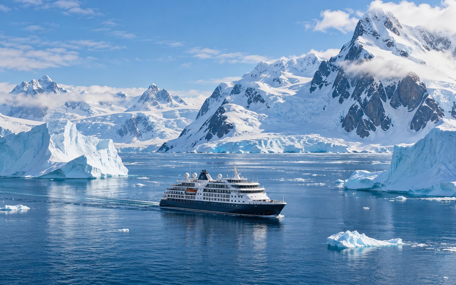 An intimate expedition cruise ship sailing among icebergs and snow-covered mountains