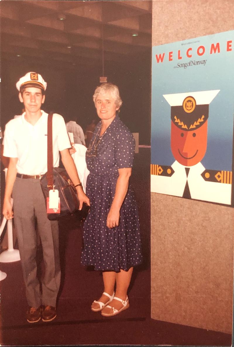 Steve with his mother while boarding his second cruise in 1984