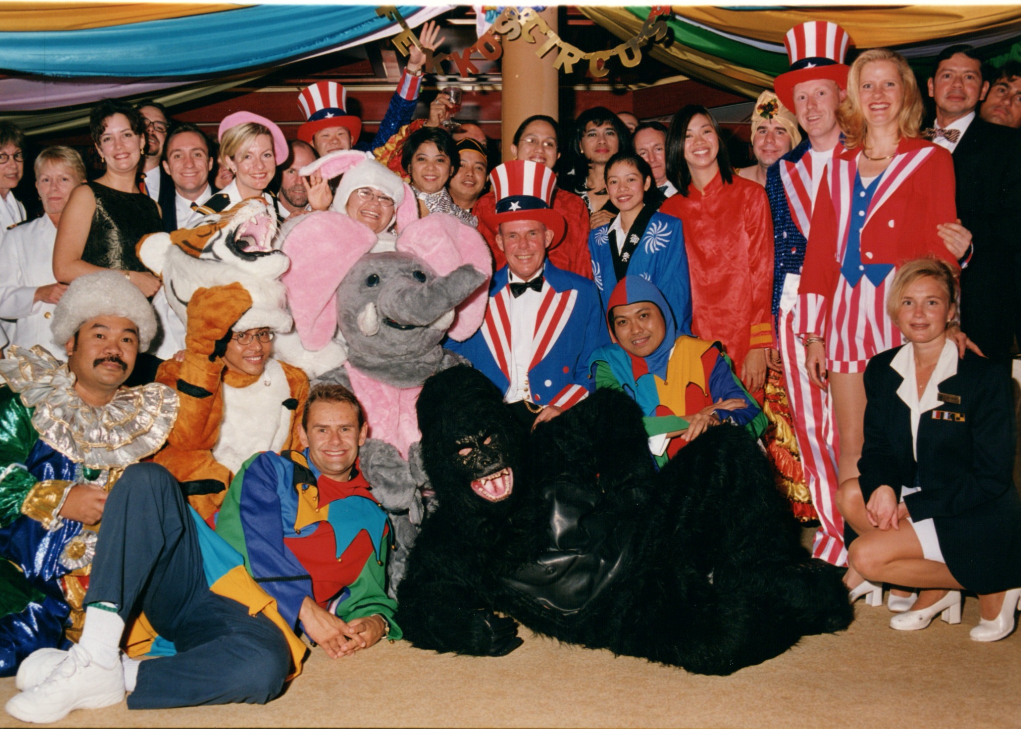 The Rotterdam crew celebrating Hotel Manager Fekko’s birthday during the 2001 world cruise