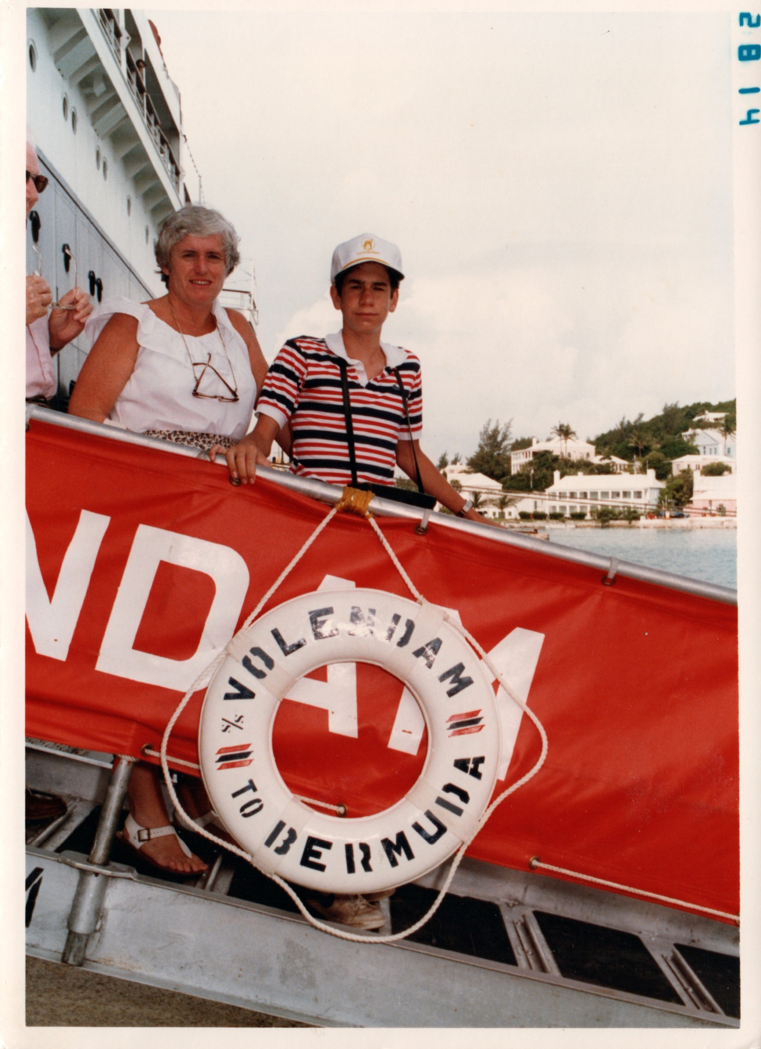 Steve at age fourteen with his mother beside the ss Volendam in Bermuda on his first cruise