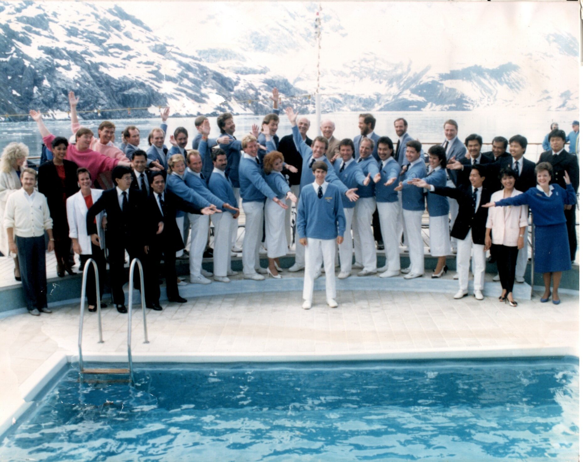 Steve with the cruise staff aboard the ms Noordam in 1987